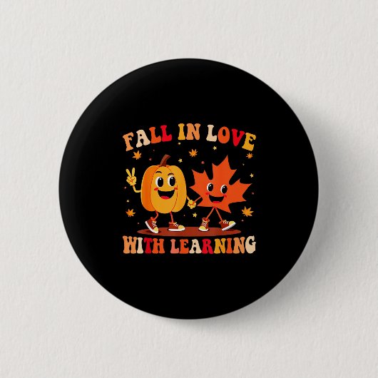 Retro Fall In Love With Learning Autumn Pumpkin Te 缶バッジ (正面)
