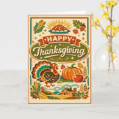 Retro Farmhouse Happy Thanksgiving Turkey Harvest カード (黄色い花)