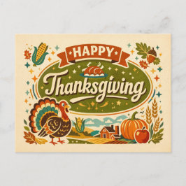 Retro Farmhouse Happy Thanksgiving Turkey Harvest  シーズンポストカード