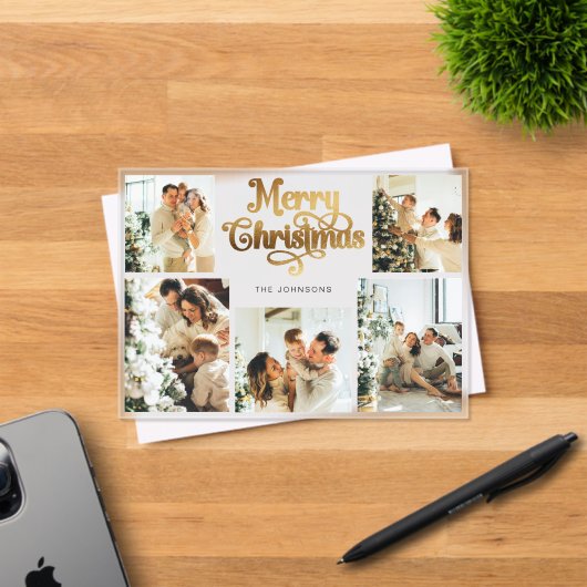 Retro Faux Gold Family Photo Christmas Card アクリル招待状 (インサイチュ (招待状))