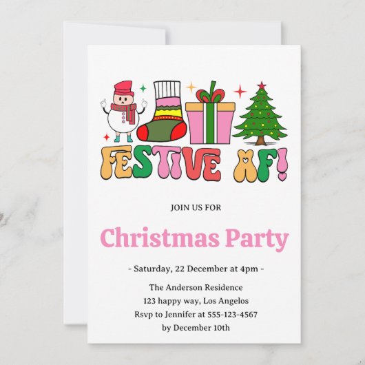 Retro Festive AF Funny Christmas Party 招待状 (正面)