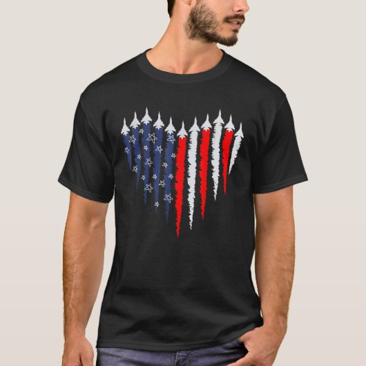 Retro Fighter Jet Airplane American Flag Heart 4th Tシャツ (正面)