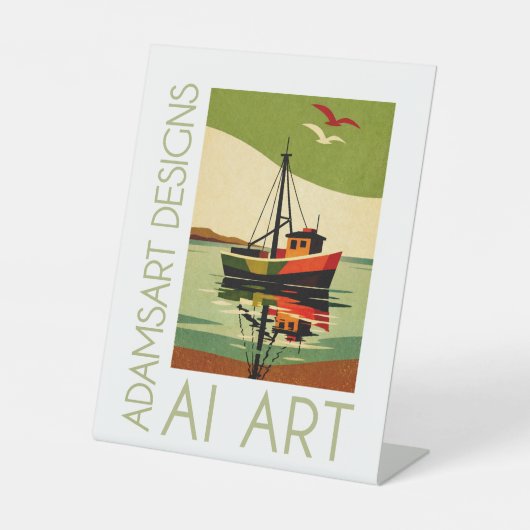Retro Fishing Boat Reflection Mid-Century 台座サイン (正面)