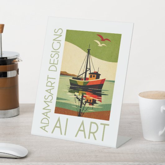 Retro Fishing Boat Reflection Mid-Century 台座サイン (インサイチュ)