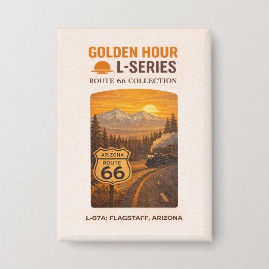 Retro Flagstaff Arizona Route 66 Landmark Art 缶バッジ (正面)