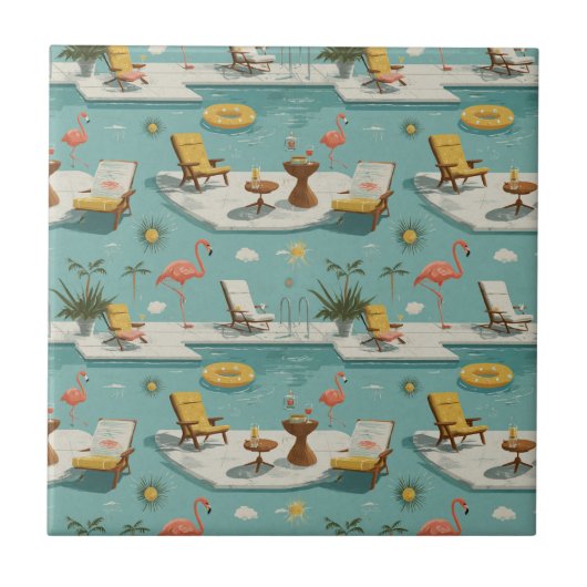 Retro Flamingo Poolside Summer Pattern (10) タイル (正面)