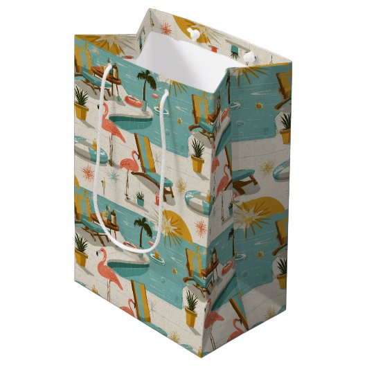 Retro Flamingo Poolside Summer Pattern (10) ミディアムペーパーバッグ (正面アングル)
