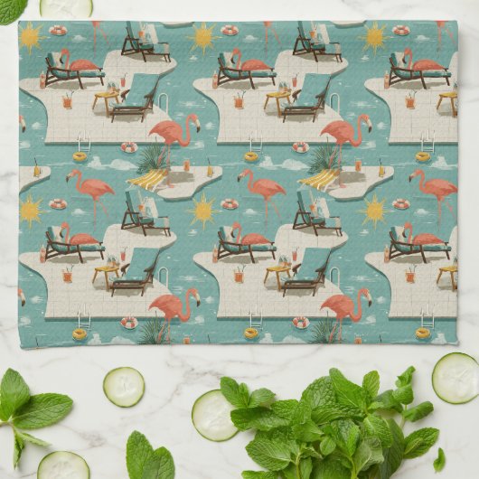 Retro Flamingo Poolside Summer Pattern (11) キッチンタオル (折り畳み)
