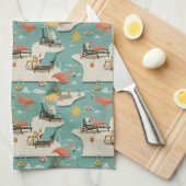 Retro Flamingo Poolside Summer Pattern (11) キッチンタオル (四つ折り)