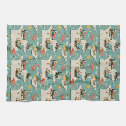 Retro Flamingo Poolside Summer Pattern (11) キッチンタオル (横)