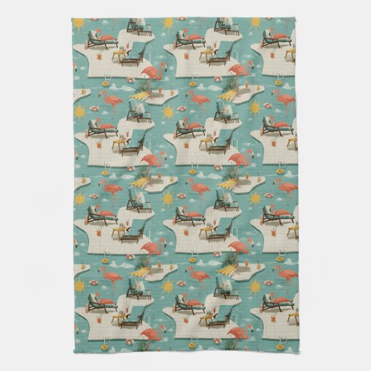 Retro Flamingo Poolside Summer Pattern (11) キッチンタオル (縦)