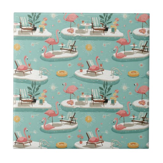 Retro Flamingo Poolside Summer Pattern (11) タイル (正面)