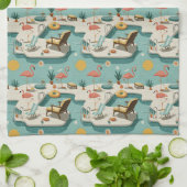Retro Flamingo Poolside Summer Pattern (1) キッチンタオル (折り畳み)