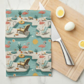 Retro Flamingo Poolside Summer Pattern (1) キッチンタオル (四つ折り)