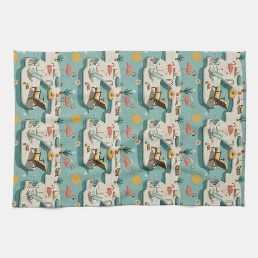 Retro Flamingo Poolside Summer Pattern (1) キッチンタオル (横)