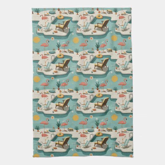 Retro Flamingo Poolside Summer Pattern (1) キッチンタオル (縦)