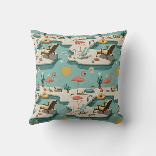 Retro Flamingo Poolside Summer Pattern (1) クッション (裏面)
