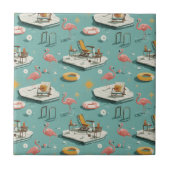 Retro Flamingo Poolside Summer Pattern (1) タイル (正面)