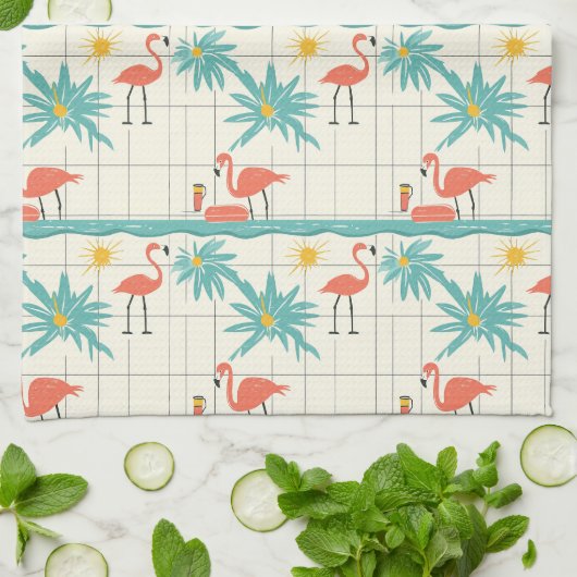 Retro Flamingo Poolside Summer Pattern (2) キッチンタオル (折り畳み)