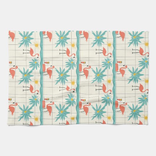 Retro Flamingo Poolside Summer Pattern (2) キッチンタオル (横)