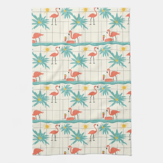 Retro Flamingo Poolside Summer Pattern (2) キッチンタオル (縦)