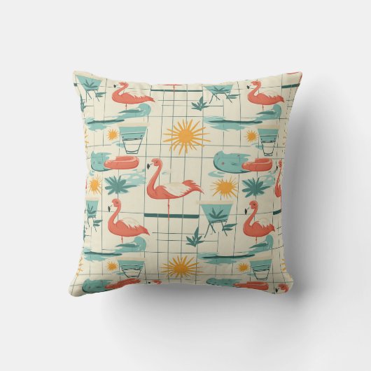 Retro Flamingo Poolside Summer Pattern (2) クッション (裏面)