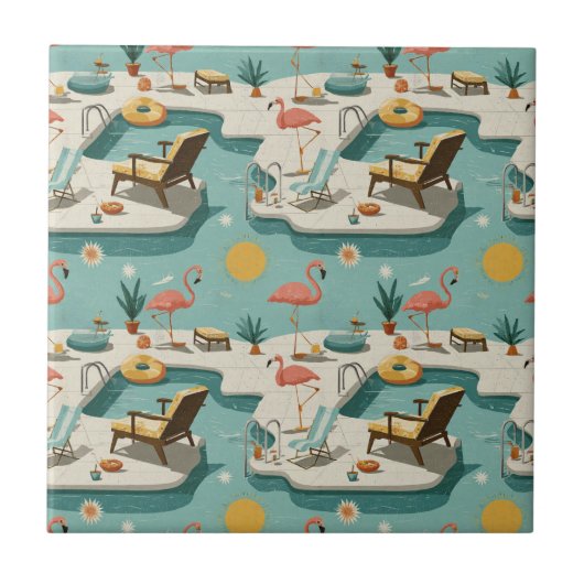 Retro Flamingo Poolside Summer Pattern (2) タイル (正面)