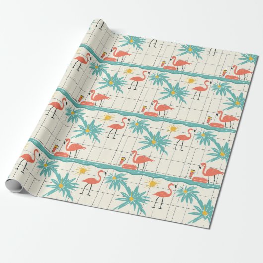 Retro Flamingo Poolside Summer Pattern (2) ラッピングペーパー (アンロールド)
