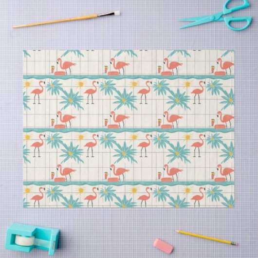 Retro Flamingo Poolside Summer Pattern (2) 薄葉紙 (クラフト)