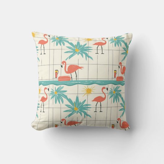 Retro Flamingo Poolside Summer Pattern (3) クッション (正面)
