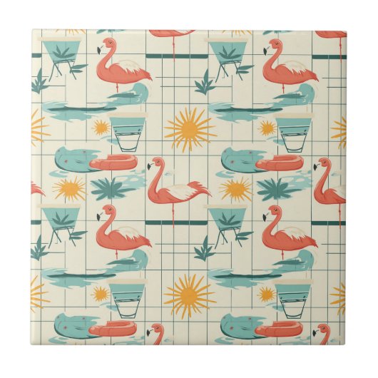 Retro Flamingo Poolside Summer Pattern (3) タイル (正面)