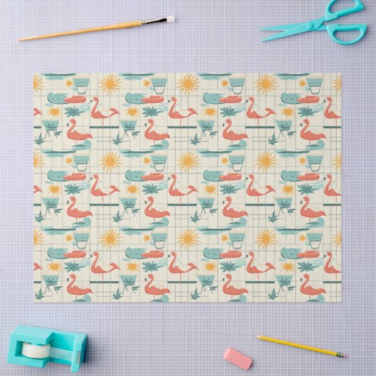 Retro Flamingo Poolside Summer Pattern (3) 薄葉紙 (クラフト)