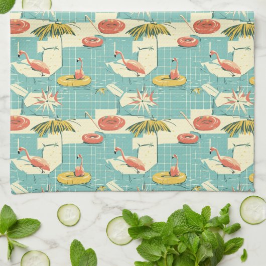 Retro Flamingo Poolside Summer Pattern (4) キッチンタオル (折り畳み)