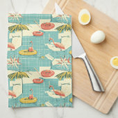 Retro Flamingo Poolside Summer Pattern (4) キッチンタオル (四つ折り)