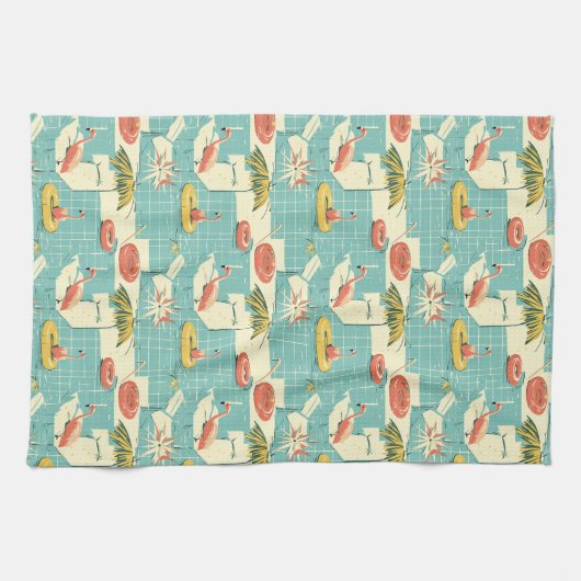 Retro Flamingo Poolside Summer Pattern (4) キッチンタオル (横)