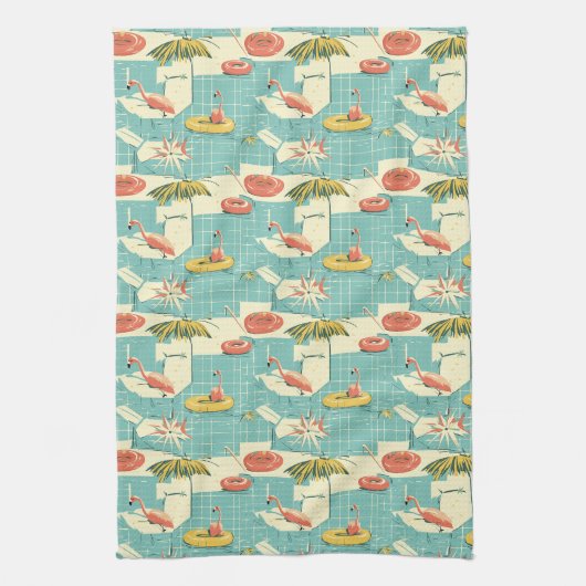 Retro Flamingo Poolside Summer Pattern (4) キッチンタオル (縦)