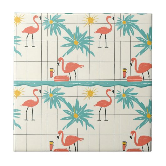 Retro Flamingo Poolside Summer Pattern (4) タイル (正面)