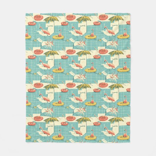 Retro Flamingo Poolside Summer Pattern (4) フリースブランケット (正面)