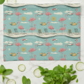 Retro Flamingo Poolside Summer Pattern (5) キッチンタオル (折り畳み)