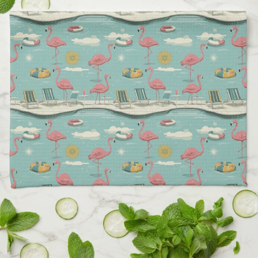 Retro Flamingo Poolside Summer Pattern (5) キッチンタオル (折り畳み)