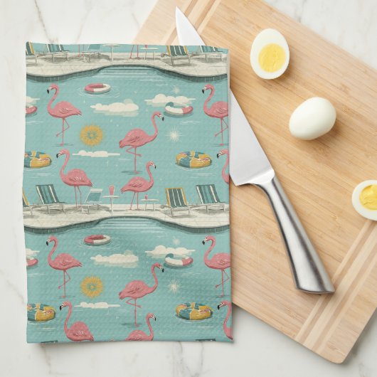 Retro Flamingo Poolside Summer Pattern (5) キッチンタオル (四つ折り)