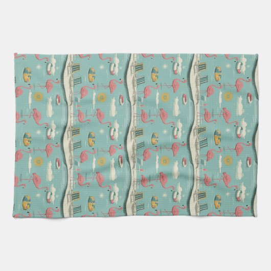 Retro Flamingo Poolside Summer Pattern (5) キッチンタオル (横)