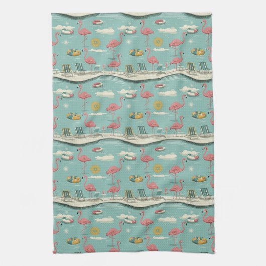 Retro Flamingo Poolside Summer Pattern (5) キッチンタオル (縦)