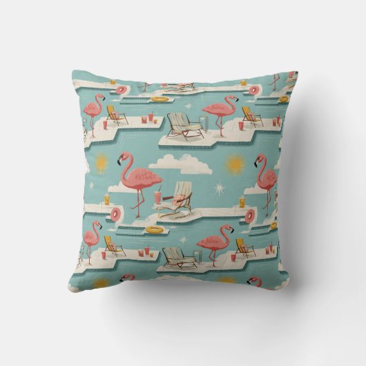 Retro Flamingo Poolside Summer Pattern (5) クッション (裏面)