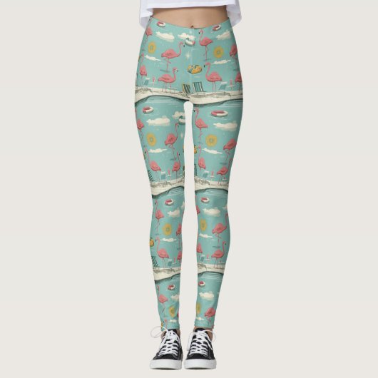 Retro Flamingo Poolside Summer Pattern (5) レギンス (正面)