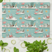 Retro Flamingo Poolside Summer Pattern (6) キッチンタオル (折り畳み)