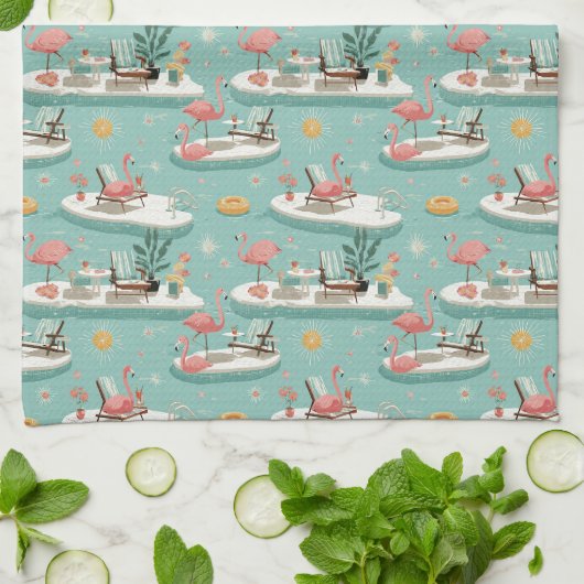 Retro Flamingo Poolside Summer Pattern (6) キッチンタオル (折り畳み)
