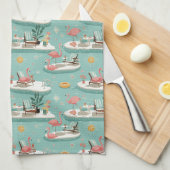 Retro Flamingo Poolside Summer Pattern (6) キッチンタオル (四つ折り)