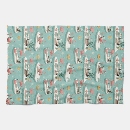 Retro Flamingo Poolside Summer Pattern (6) キッチンタオル (横)