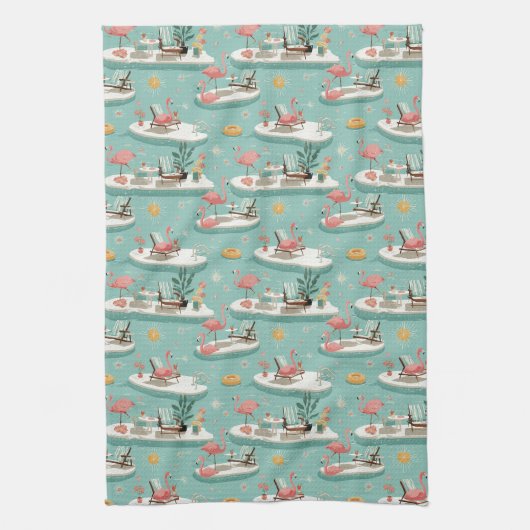 Retro Flamingo Poolside Summer Pattern (6) キッチンタオル (縦)